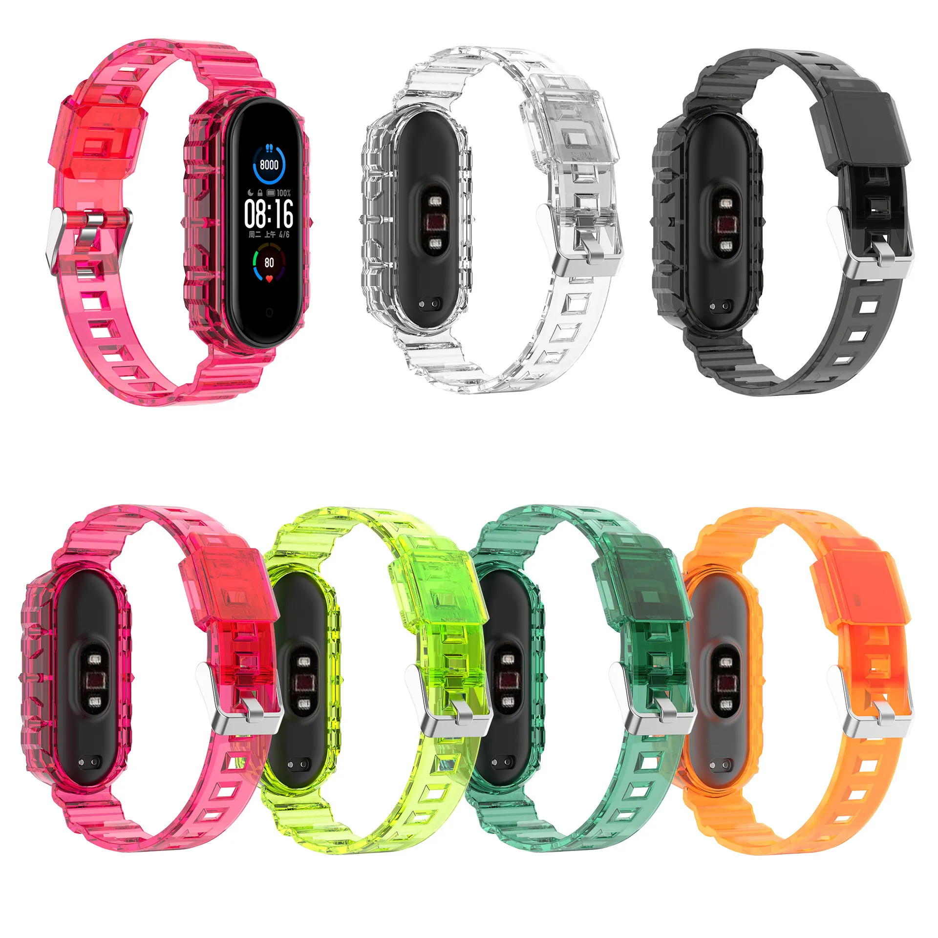 Siamese Strap e Caso para Xiaomi MI Banda 5 6 Pulseira Correias Transparentes MIBAND 3 4 Esportes Pulseira Watchband Tamanho Ajustável Acessórios Smart