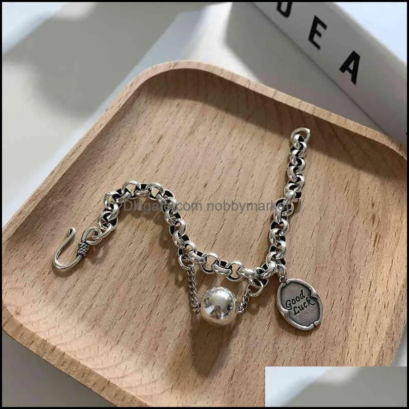 Korea heavy industry ball pendant bracelet female 925 Sterling Silver ins personalized old letter round brand Bracelet