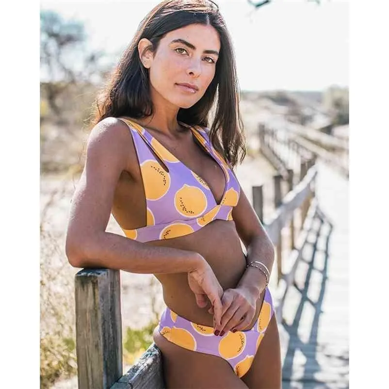 Sexy brésilien Bikini maillots de bain femmes licou Push Up ensemble maillot de bain femme citron imprimé Bandage Biquini maillot de bain XL 210621