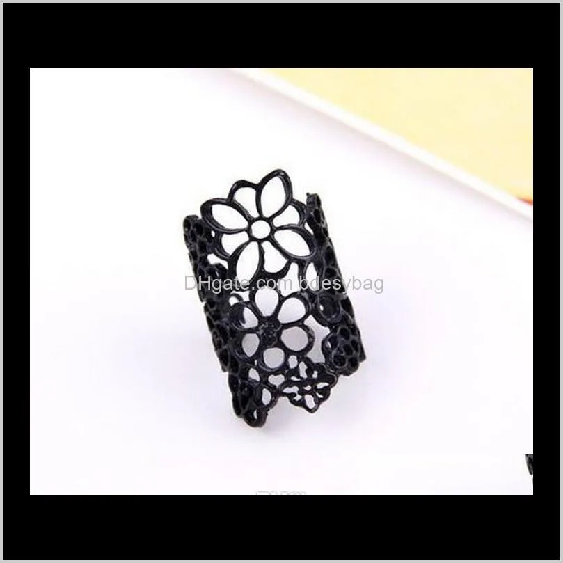 Women Fashion Hollow Alloy Finger Rings Rose Flower Opening Wide Cuff Style Ring Punk Black Gold Colors Ring Jewelry