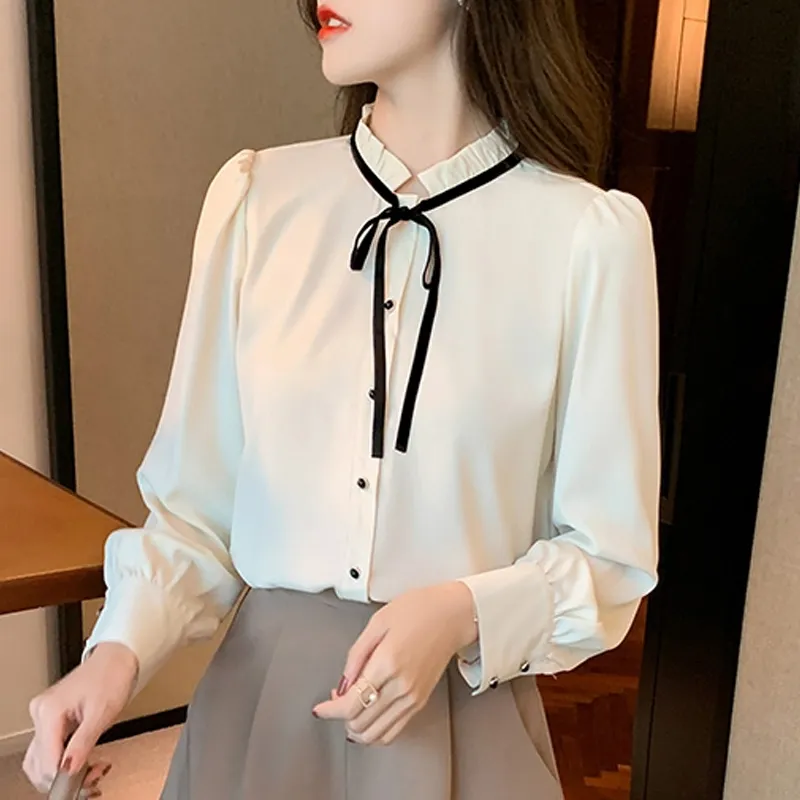 Manga Longa Mulheres Camisa Carrinho Collar Damasco Chiffon Blusa