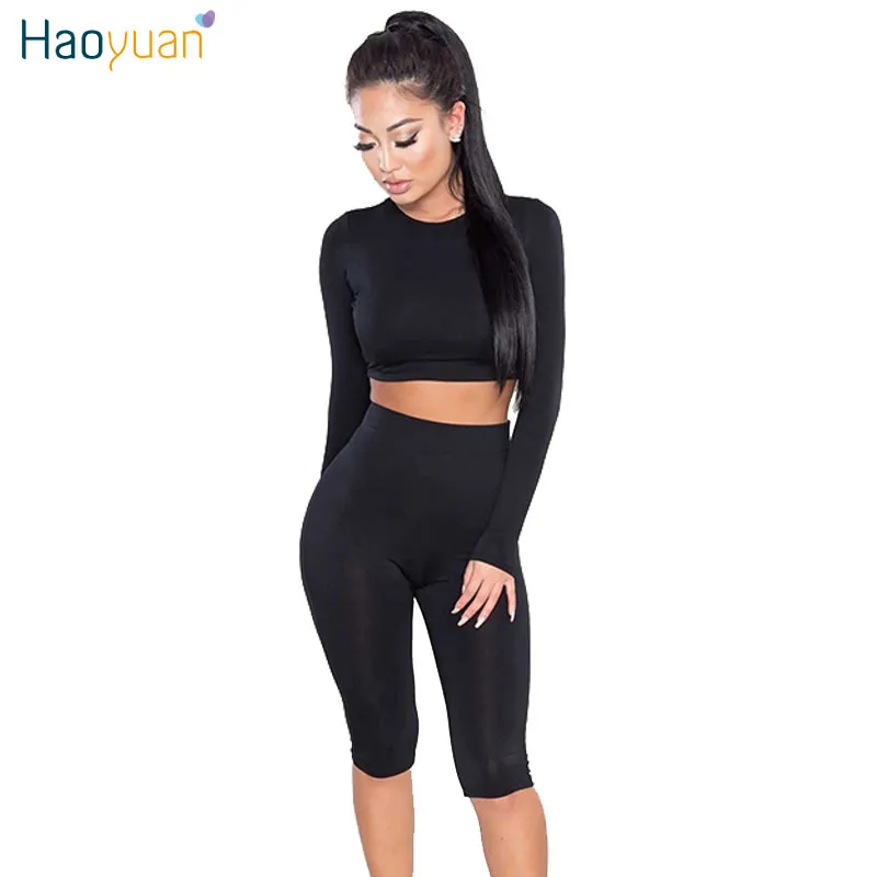 HAOYUAN 2 pièces ensemble femmes Sexy haut à manches longues + Biker Shorts survêtement moulante survêtement décontracté deux pièces tenues survêtement X0428