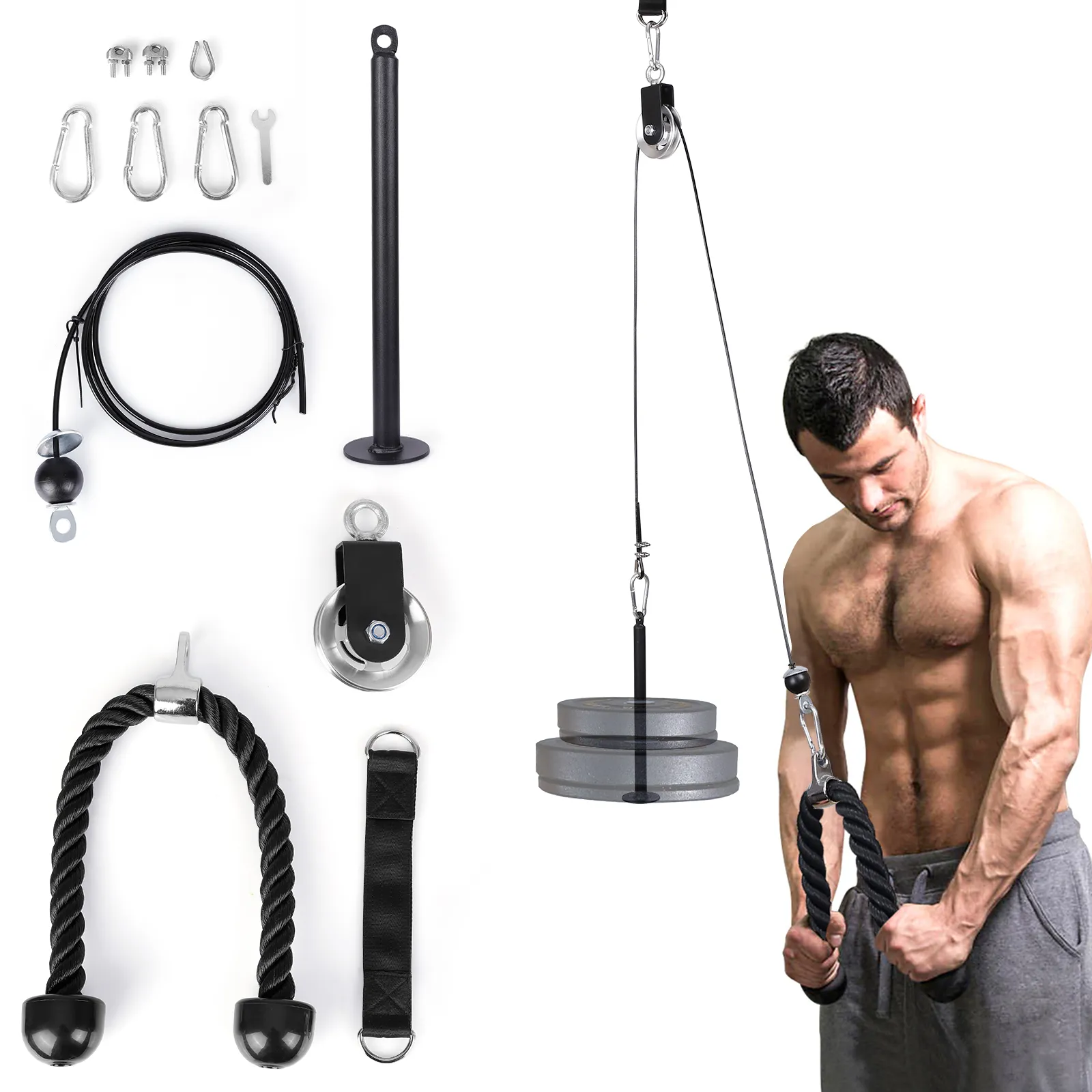EYCI Fitness Lat en lift katrolstelsel, worden geleverd met tricep touw, laadpen voor triceps pull down, biceps curl, rug, onderarm, schouder