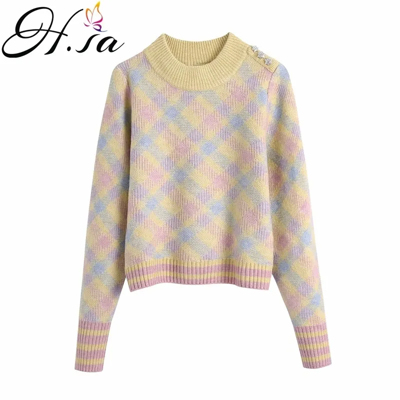 H.SA Women Spring and Pullovers Cute Plaid Jumpers Pink Yellow Kawaii Girls Chic Sweater Knitted Tops 210417
