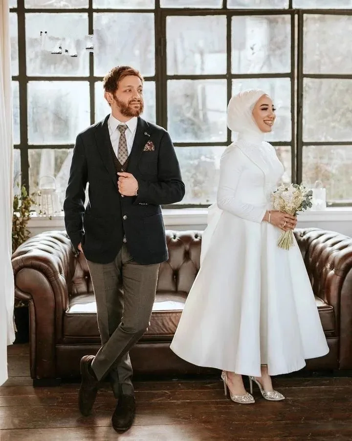 Sexy Short Muslim Wedding Dress For Women A Line Ankle Length Satin Boho Beach Bridal Dresses Long Sleeve Bride Gown With Bow