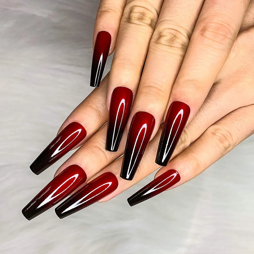 24pcs French Red Ombre Nails Ballerina Long Coffin Fake Nail Press on Fingernails False Tips Manicure for Women and Girls