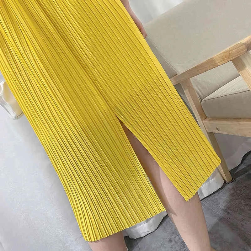 Summer Long Pleated Skirt Women Korean Style Yellow Elegant High Waist Aesthetic Midi Split Female 210421