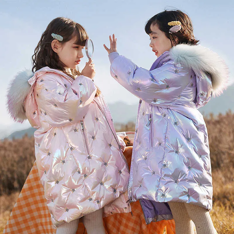 -30 Degree Children Down Coat Winter Parkas Thicken Kids Clothes 2021 Fashion Cartoon Real Fur Collar Girls Long Outerwear 5-12Y H0909
