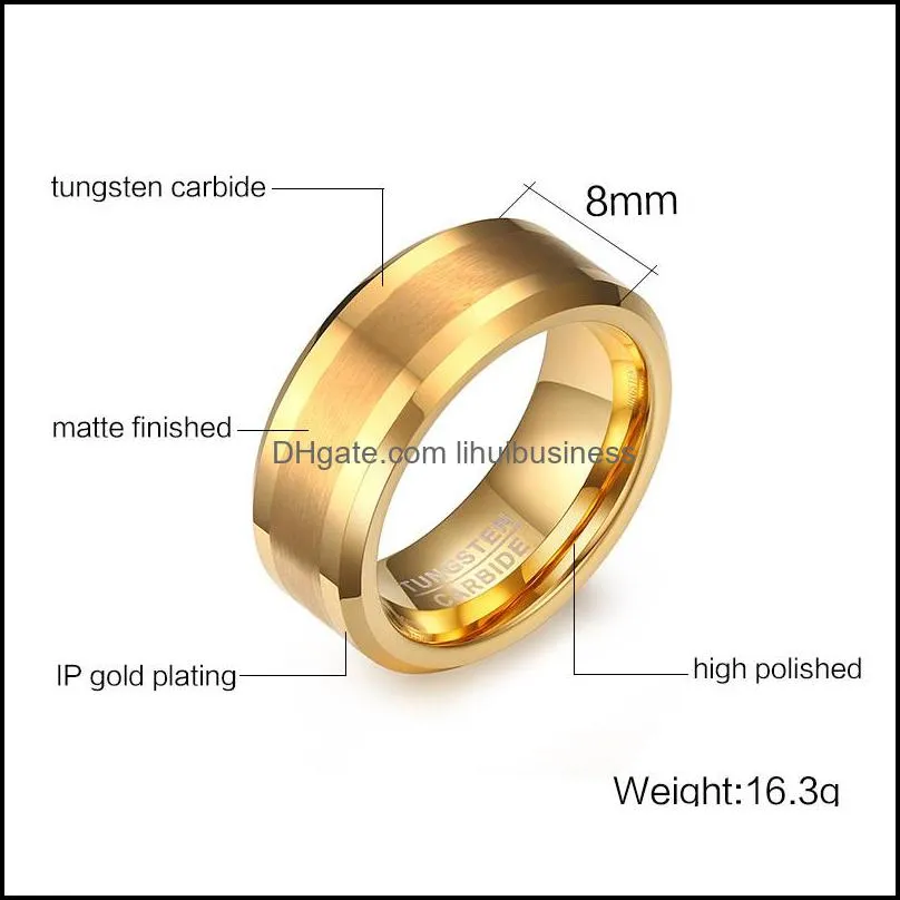 Mens Rings 8MM Tungsten Carbide Gold-color Finger Ring for Men Engagement Wedding Bands Comfort Fit Fashion Jewelry anillos anel Y1128