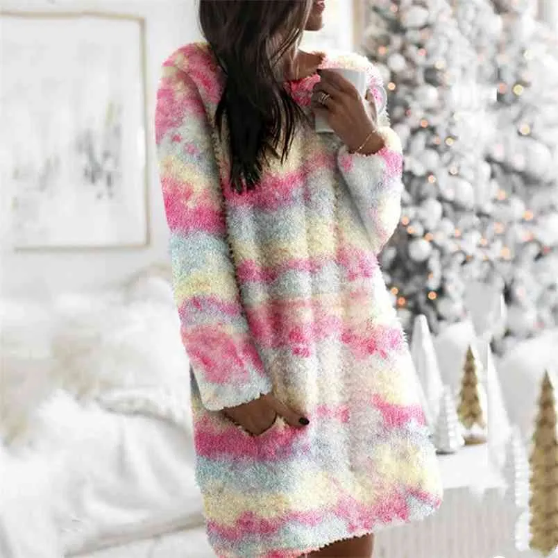 Autumn Winter Furry Warm Women Dress Casual O Neck Long Sleeve Loose Tie Dye Camo Leopard Print Mini Plush Vestidos 210522