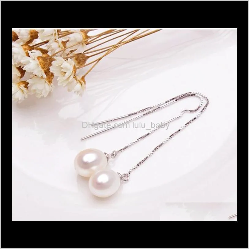1 pair 8-9mm rice shape white natural freshwater pearl ear line fashion earring s925 tremella nail