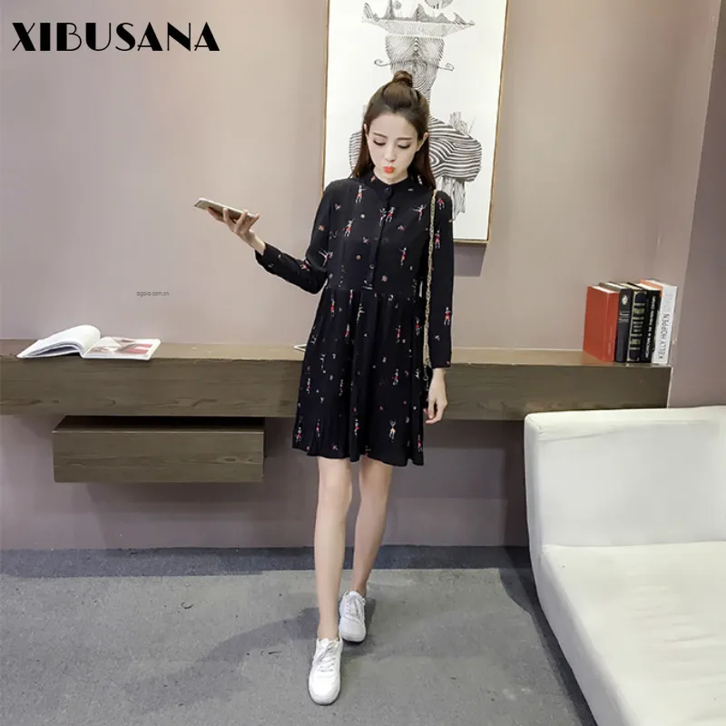 Autumn Loose Slim Chiffon Pleated Dress Female Vintage Single-breasted Long Sleeve Stand Collar Character Dresses Lady 210423