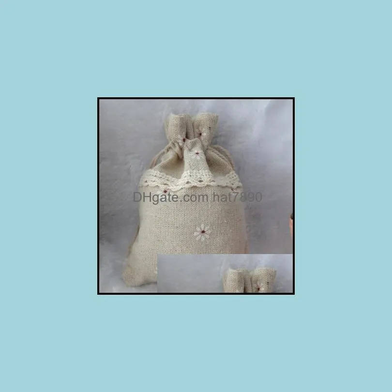 white Daisy Lace Linen Gift Bag 9cmx13cm 12.5x17.5cm 15x20cm Necklace Bracelet Jewelry Jute Packaging Pouch