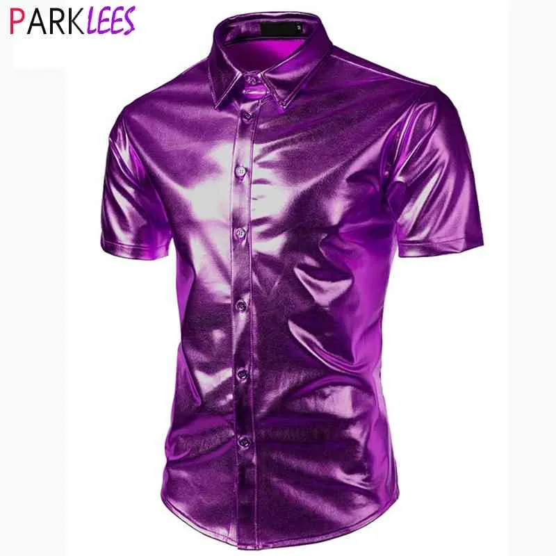 紫色のメタリック光沢のあるシャツの男性ブランドのナイトクラブ着メンステージシャツのシェミェンスハロウィーンクリスマスパーティープロムコスチューム210522