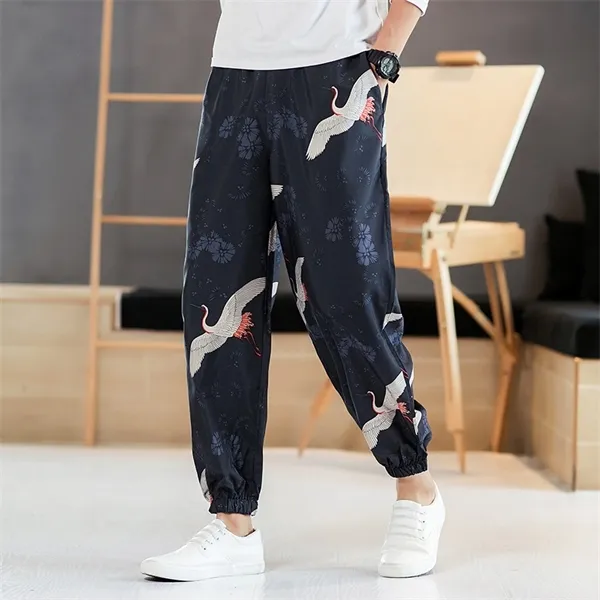 Pantalones finos para el verano de 2021. Pantalones chinos con estampado de grulla eólica X0723