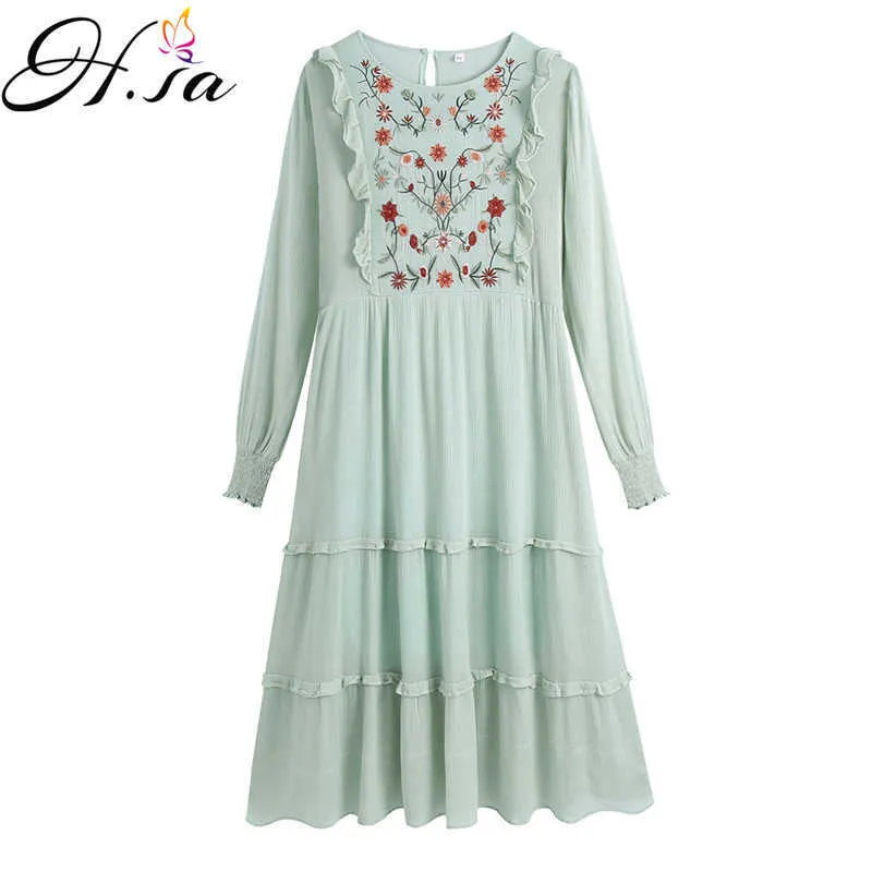 Hsa Fleur Robe Femmes Floral Broderie En Mousseline De Soie Vêtements Maxi Robes Plage Élégant D'été Coréen À Manches Longues Robes De Mujer 210716