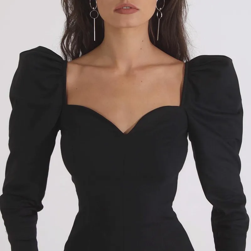 Kadınlar Casual Seksi Puf Kol Bluzlar Katı Renk Vintage Kare Küçük V Yaka Ince Kadın Bluzlar Siyah Uzun Kollu Tops Sıcak 210422