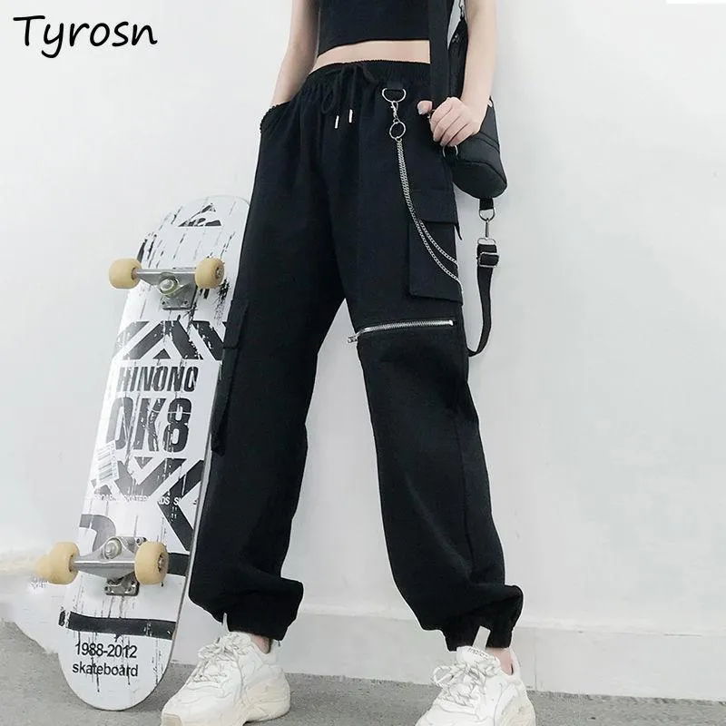 여성 바지 카프리 플러스 사이즈 S-4XL 캐주얼 여성 디자인 지퍼 체인 Streetwear 힙합 Drawstring Tie Feet Cargo Pant Students Safari St