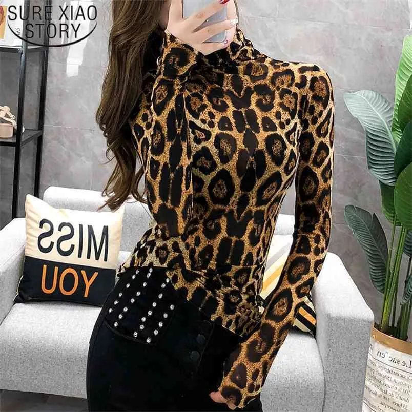 Elegante plus storlek toppar mode kvinnor långärmad leopard blus turtleneck skjorta damer ol party topp streetwear blusas 7704 50 210506