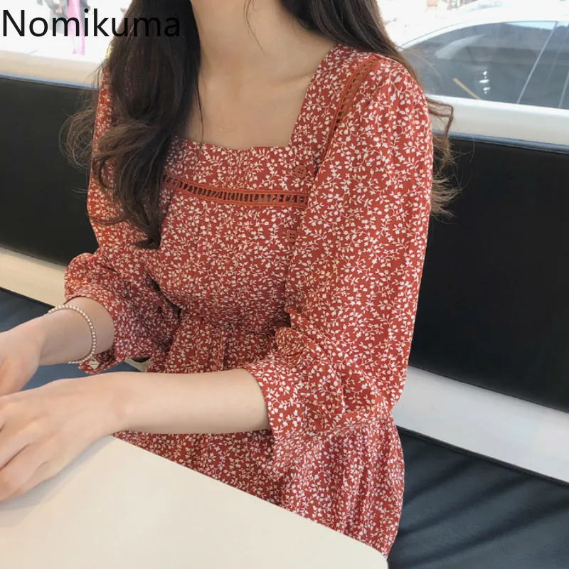 Nomikuma Vintage Mode Schlanke Taille Koreanische Kleid Frauen Quadrat Kragen Halbe Hülse Temperament Kleider Dame Vestido 3a593 210514