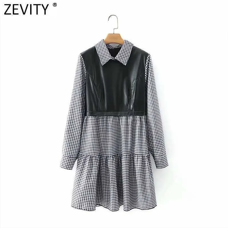 Zevity Mujeres Vintage Turn Down Collar Faux Cuero Patchwork Pliegues Vestido Femenino Manga larga Volver Cremallera Volantes Vestido DS4987 210603