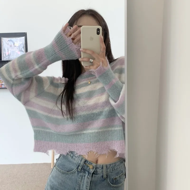 Jumpers Pullovers Thin Loose Long Sleeve O Neck Striped Knitted Sweater Irregular Hole Korean Chic Sweet Crop Tops Pull Gentle 210429