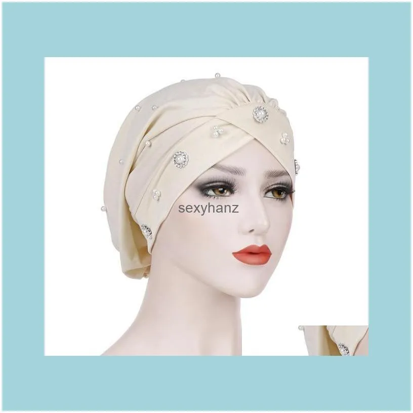 New Women Muslim Beads Cancer Cap Hat Bonnet Turban Headscarf Wrap Cap Hair Loss Elastic Skullies Beanies Arab Cover Fashion