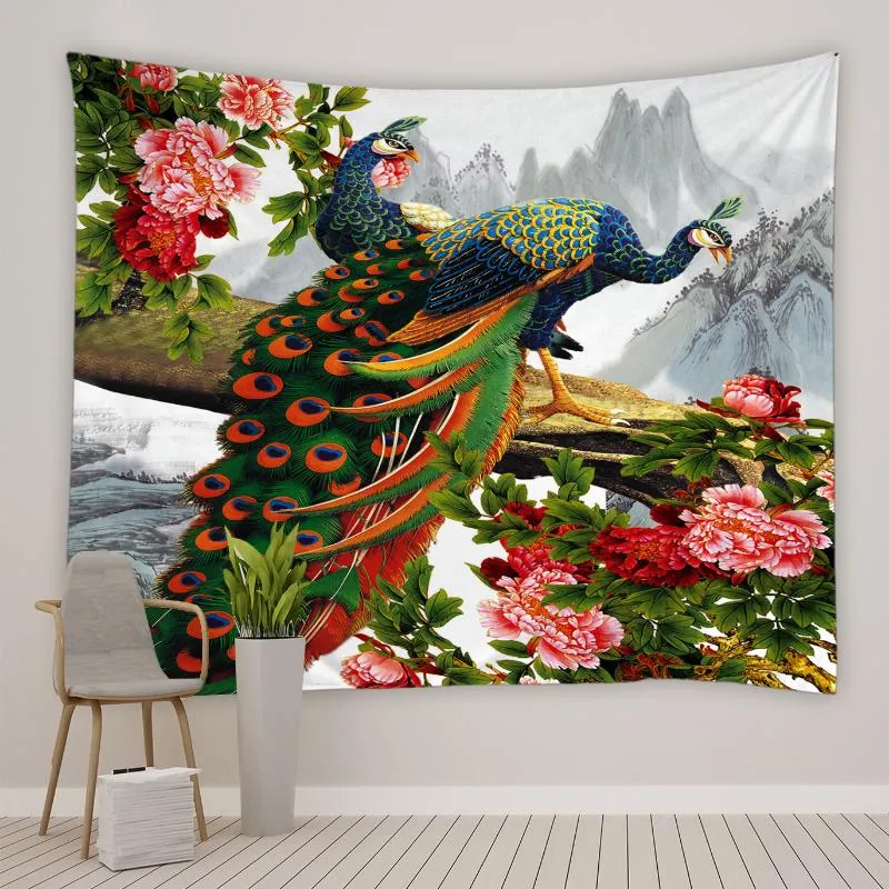 タペストリー美しい鳥のタペストリー孔雀の牡丹の花植物の蝶のポリエステルの生地リビングルームの寝室の寮のベッドサイドの装飾布