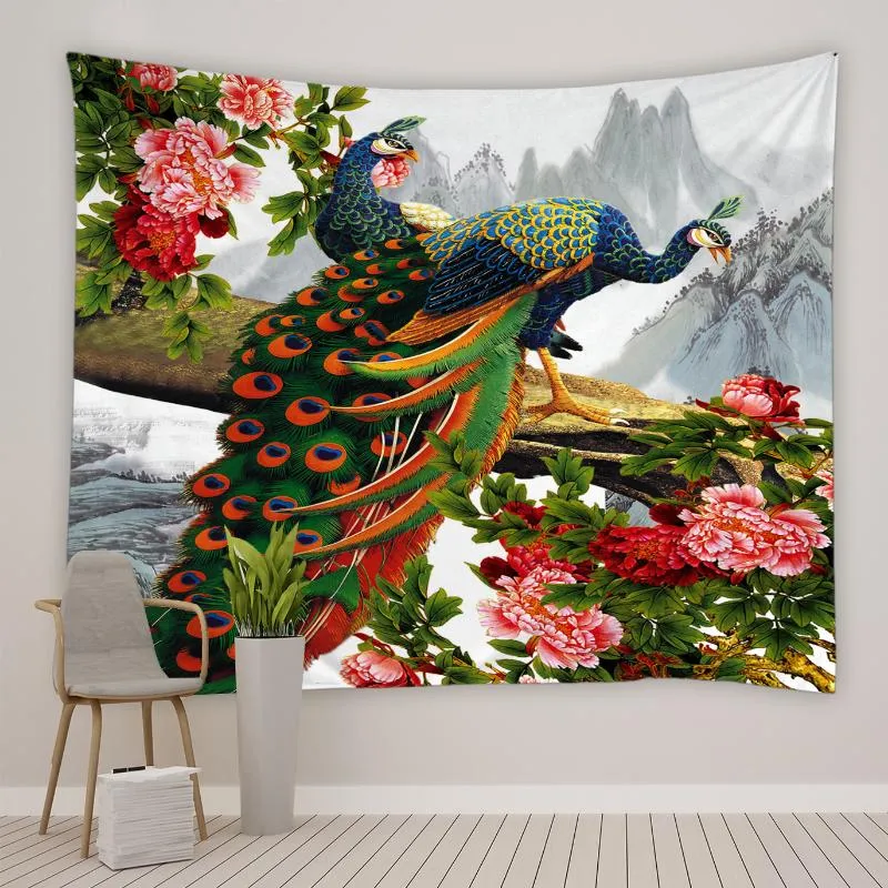 Tapijten Mooie vogels Tapestry Peacock Peony Flower Plant Butterfly Polyester Stof Woonkamer Slaapkamer Slaapzaal Bankdoek Doek