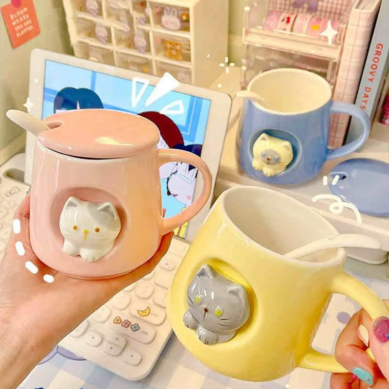 Tazze Kawaii 3d Cartoon di gatto Care di caff￨ in ceramica carine con cucchiaio cucchiaio per cucchiaio casa per la colazione ragazza bevande al latte t￨ tazza di acqua