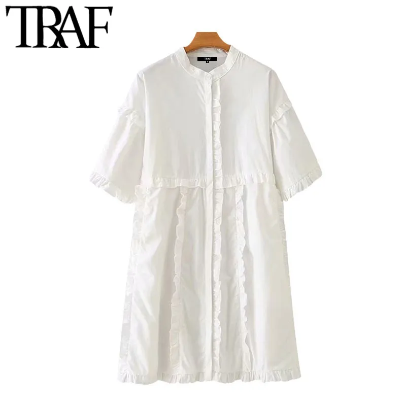 TRAF Femmes Chic Mode Volants Lâche Mini Robe Vintage O Cou À Manches Courtes Robes Femelles Robes Mujer 210415