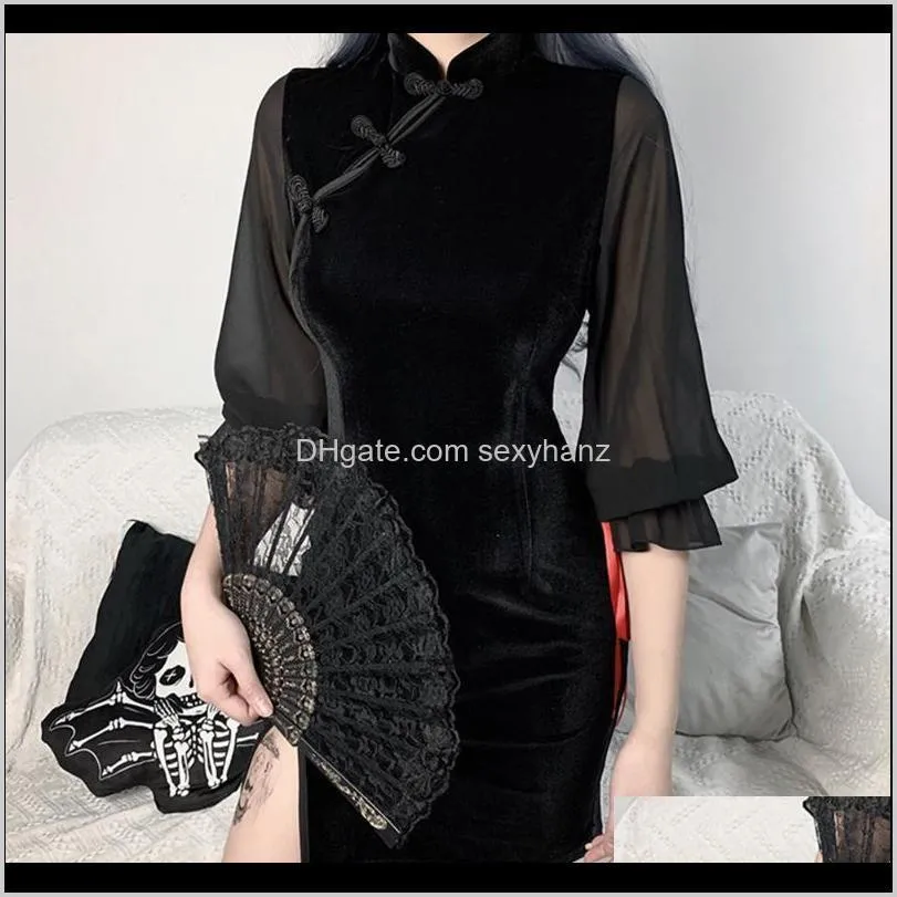 new chinese qipao modern dress 2021 women vintage gothic dresses summer lace up mesh sexy bodycon split mini elegant vestidos