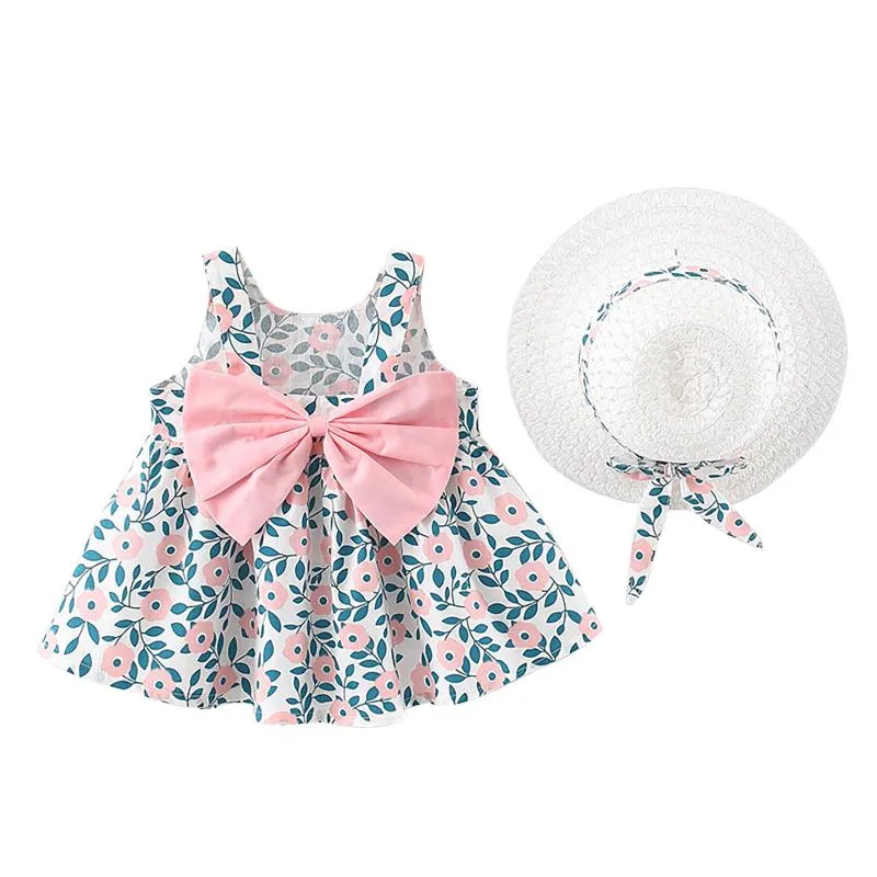 Abbigliamento Set bambini Summer Set Mori Girl Style Baby Girls Sleeve Flower Print Princess Dress + Hat Outfit Vestiti Set # 50