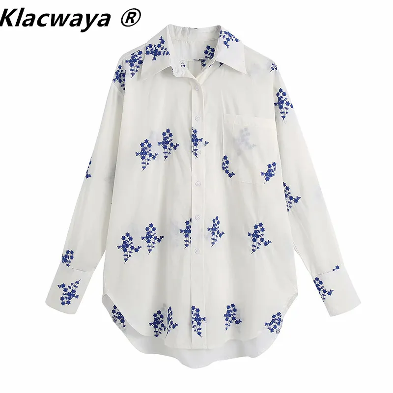 Kvinnor Vintage Pocket Patch Floral Broderi Casual Smock Blouse Office Lady Breasted T Shirts Chic Blusas Tops 210521