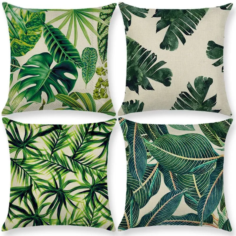 Cuscino in poliestere di lino moda Federa per cuscino decorativa Foglie verdi tropicali Stampa Tiro Divano Cuscino per auto Decorazioni per la casa casual 45 * 45 cm