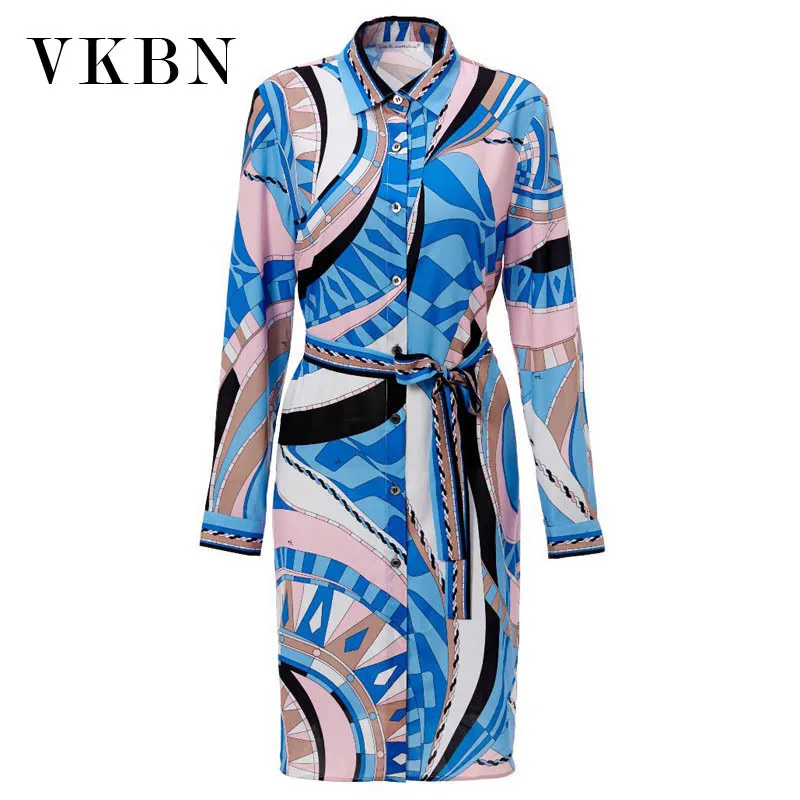 VKBN Robes d'été pour femmes droites en soie à manches longues ceintures mode impression plus taille vêtements de fête pour femmes 210507