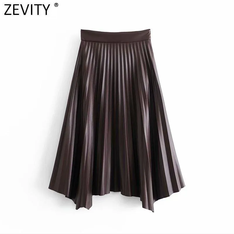 Spódnice Zevity Kobiety Vintage Wysokiej Talii Bocznej Zipper Plised Midi Spódnica Faldas Mujer Biuro Panie Faux Leather Chic Vestido Qun747