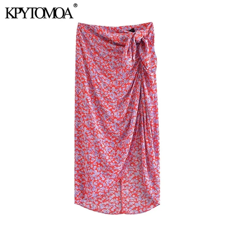 KPYTOMOA Women Fashion With Knot Floral Print Front Vents Midi Skirt Vintage High Waist Back Zipper Female Skirts Mujer 210708