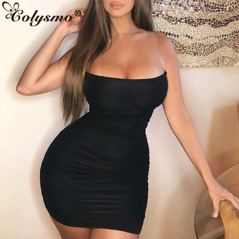 Colysmo Women Summer Dress Sleeveless Backless Bodycon Black Sexy Club Wear Mesh Ruched White Casual Beach Mini 210527
