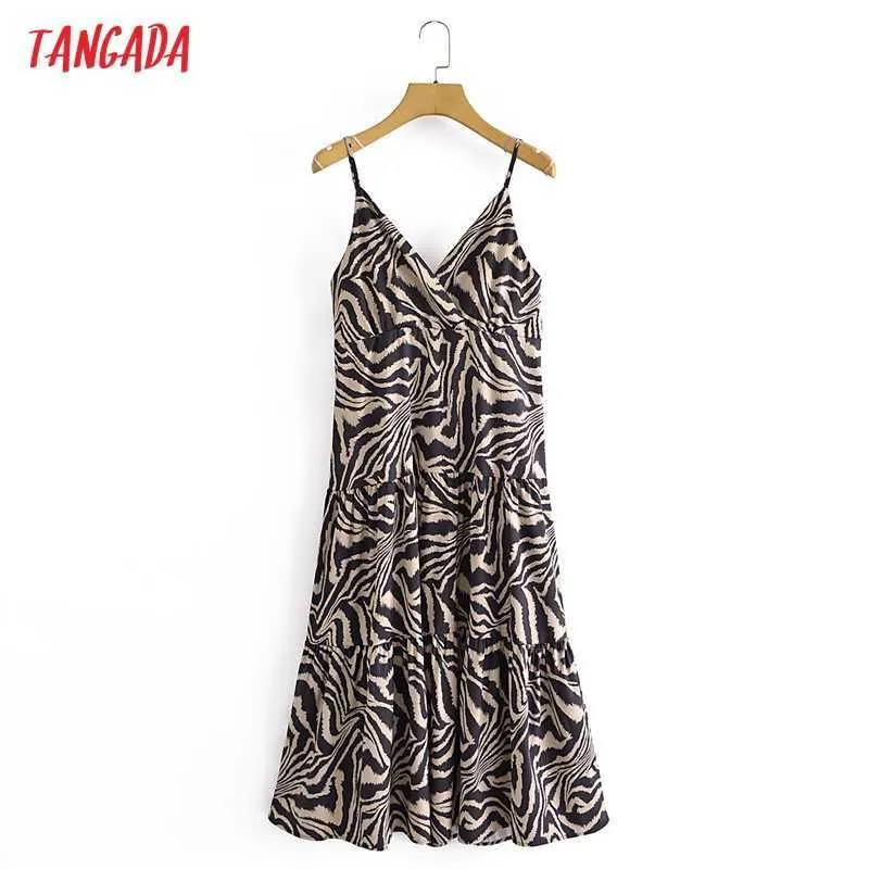 Tangada Women Animal Print Midi Dressストラップ調整ノースリーブ韓国のファッションレディカジュアルドレスvestido 3a33 210609