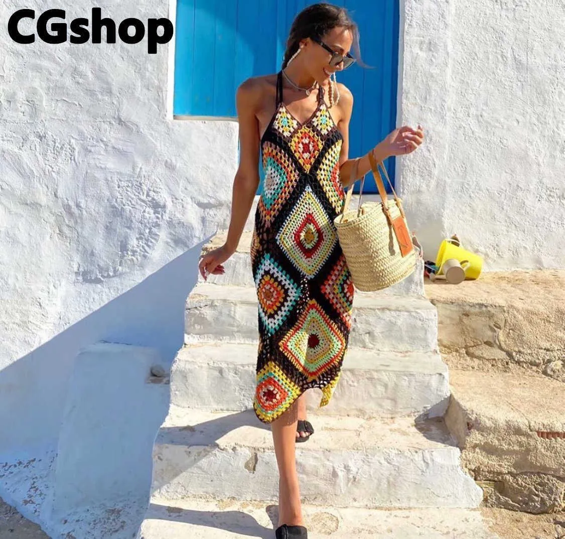 CGshop ZA Handmade Crochet Beach Dress Cover Up Sexy Hollow Out Mesh Knitted Tunic Swimsuit Coverup Womens Beach Sarong Robe X0726