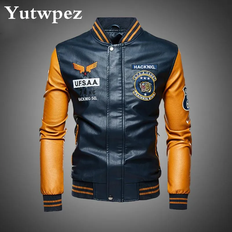 Kurtki męskie Skórzana kurtka Bomber Mężczyźni Baseball Biker Pu Płaszcz Faux Pilot Varsity Fleece College Top Czarny Slim Fit Motocykl