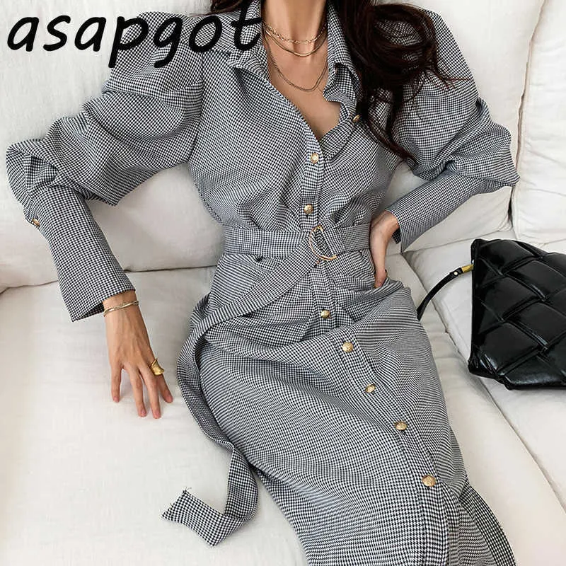 Chic Korean Temperament Office Lady Puff Long Sleeve Lapel Single Breasted Plaid Dress Women with Belt Pleated Retro Autumn 210610