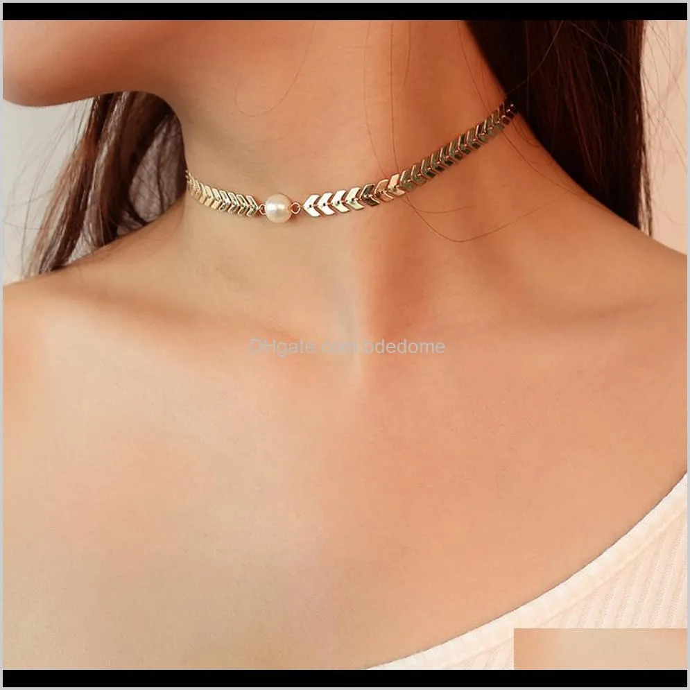 fashion necklace fish bone chain choker with white plastic bead gold silver color plated for women wife gift