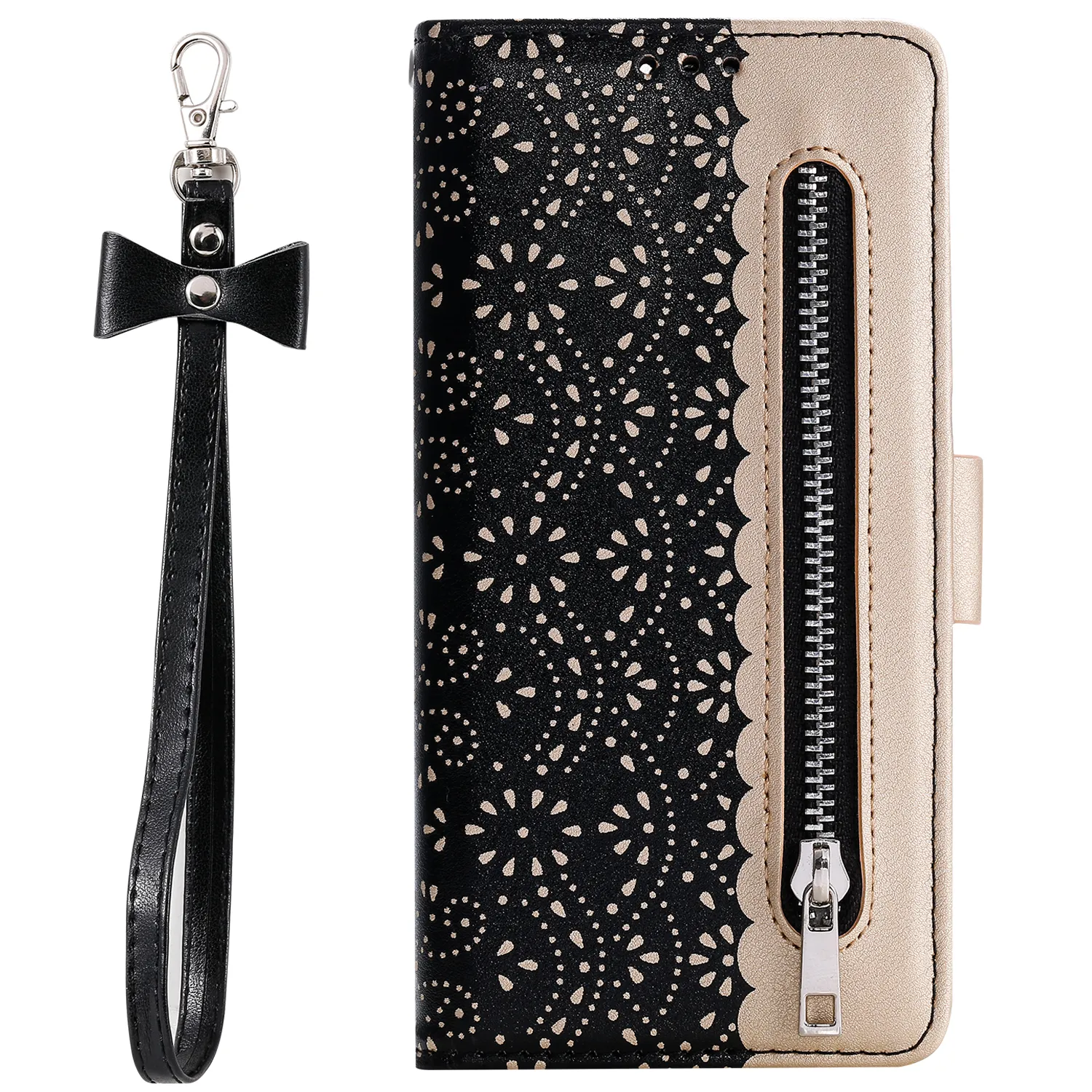 Custodia per iPhone 13 12 11 Pro Max Mini XS XR X Copertura portafoglio per le donne in pizzo in pelle sintetica con cinturino da polso carino arco, borsa girly
