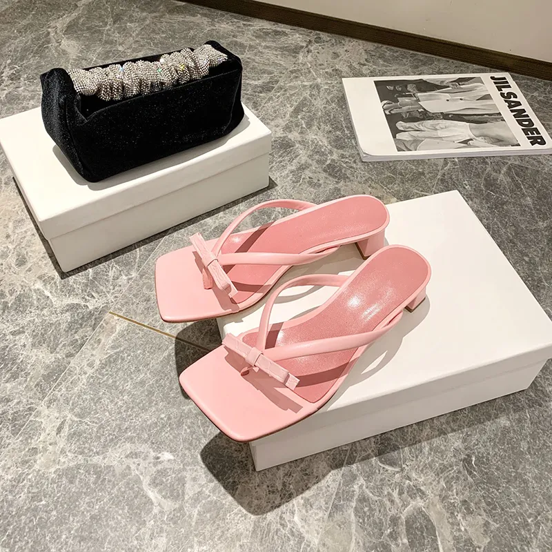 Women Fashion Luxurys Designer Slippers Platform Trainers Sandals Foam Slides Heel 4.5CM Leather Summer Beach Slipper Bow Tie Flip Flops Pink