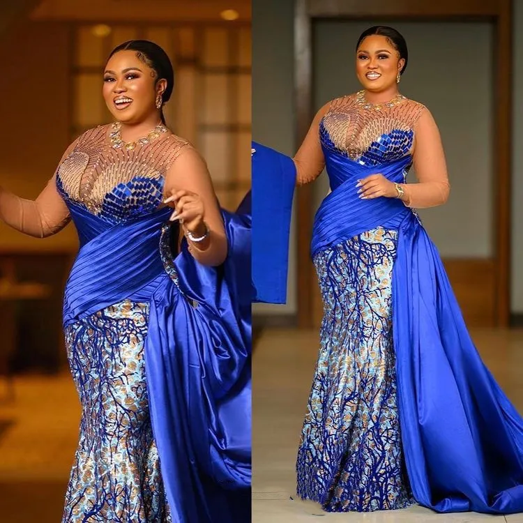 2022 Plus Size Arabisch ASO EBI Luxueuze Kant Mermaid Prom Jurken Sheer Neck Beaded Avond Formele Partij Tweede Receptie Growns Jurk ZJ055