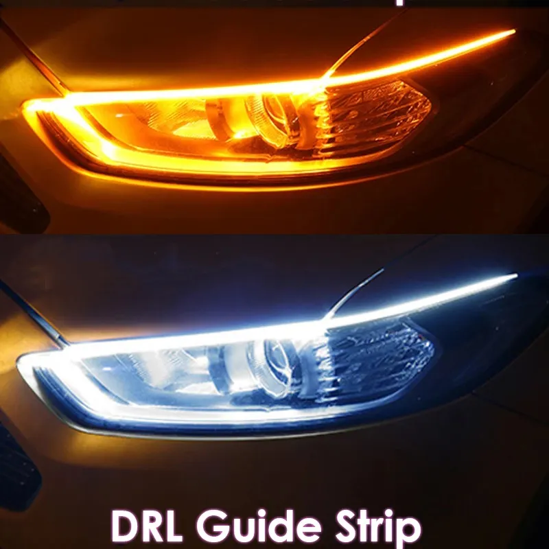 Car Light 2st LED DRL Dagtid Running Light Styling Dynamic Streamer Flow Amber Blub Turn Signal Varning Steering Dim Day Lamp