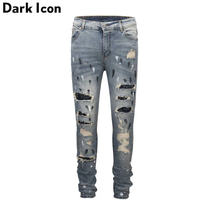 Donker pictogram gescheurd coating slim fit hoge straat jeans mannen hi-end mode klinknagel op knie coole jeans denim herenbroek 2 kleuren 210622