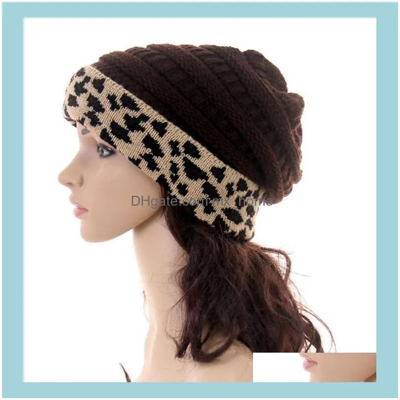 Leopard Knit Hats Women Winter Leopard Patchwork Knitted Beanies Hat Warm Skull Crochet Caps Unisex Party Hats Supplies 11 Colors